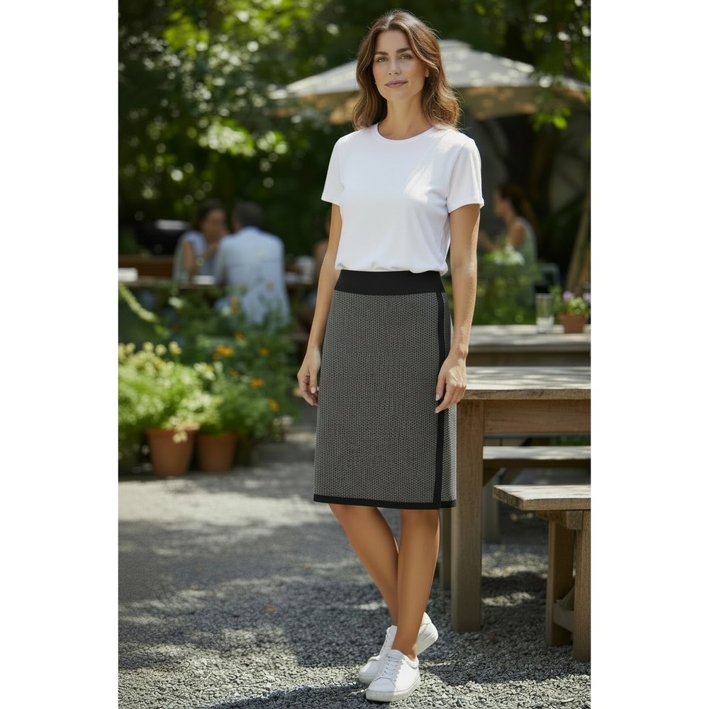 Coldwater Creek Birds-eye‎ Sweater Wool Blend Knit Skirt Black Grey Patterned PM